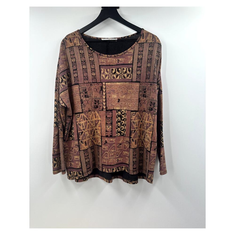 Peruvian Connection Patchwork Print Long-Sleeve Blouse in Brown and Black